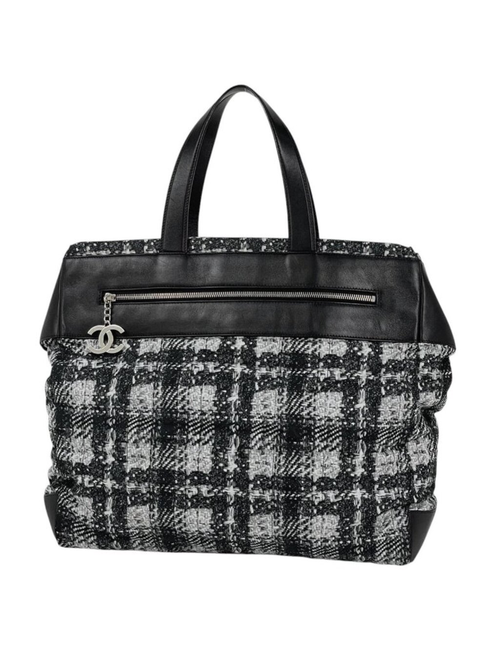 Chanel Tote CC Logo Tweed Print Nylon Black
